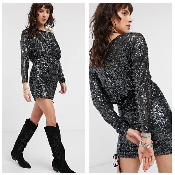 NWT Free People Gisele Sequin Mini Dress Black Silver Off Shoulder Cocktail - Picture 2 of 15